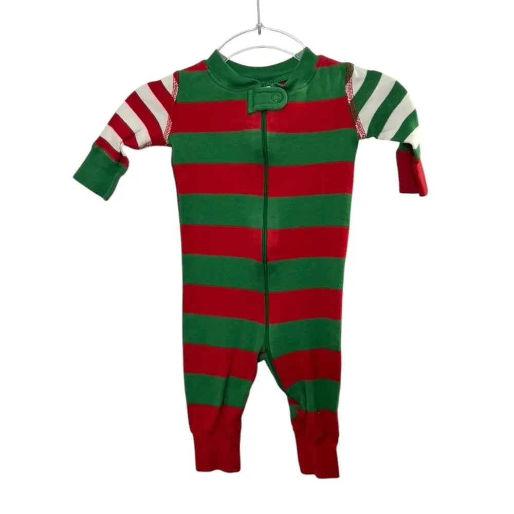 Hanna Andersson Red & Green Stripe Long Sleeve One Piece Pajama Set 0-6 Months